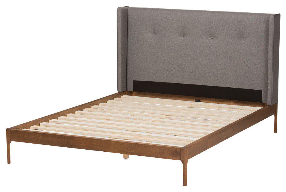 Brooklyn Mid-Century Walnut Wood Gray Fabric King Size Platform Bed