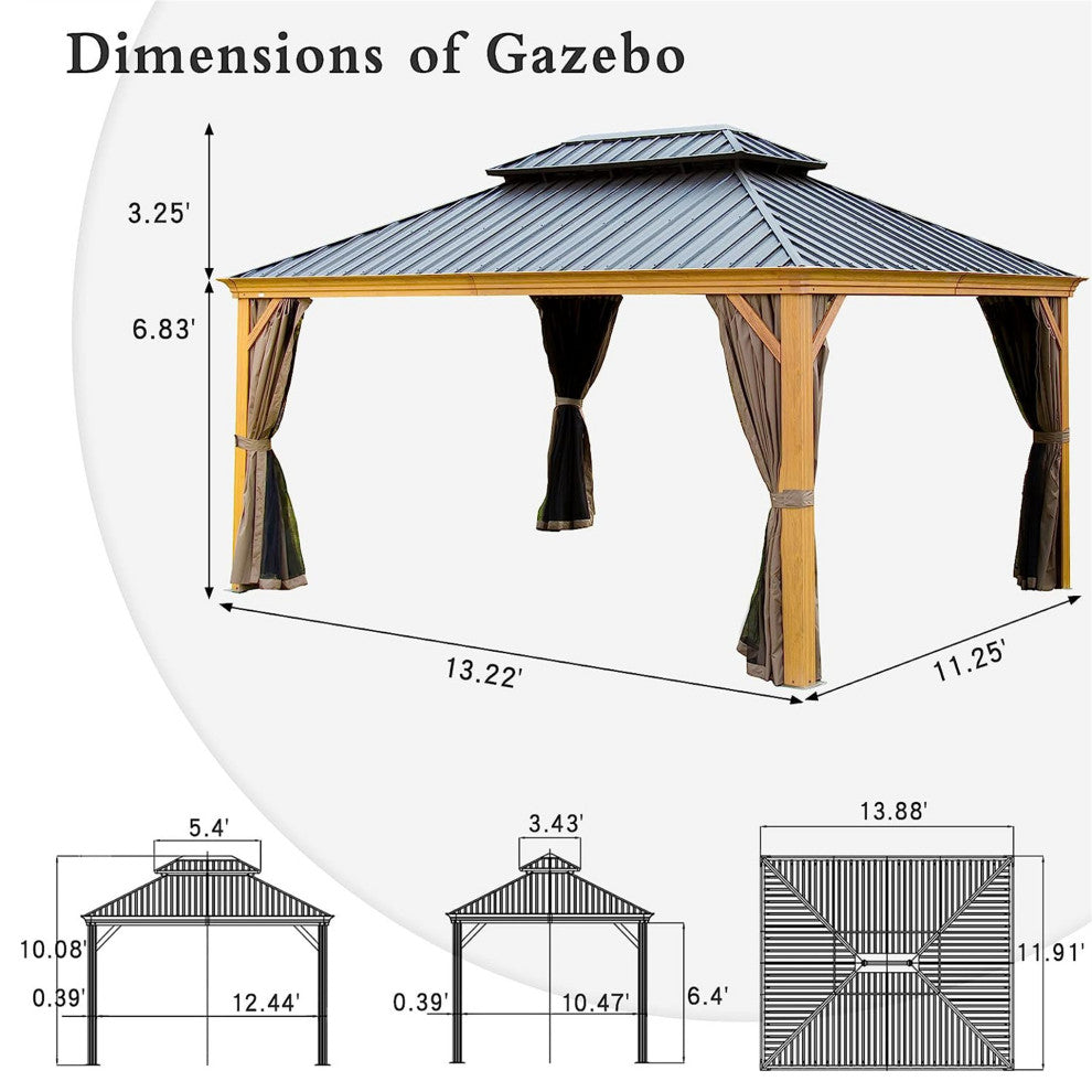 Hardtop Gazebo, Aluminum Frame Canopy with Galvanized Steel Double Roof, Yellow Brown