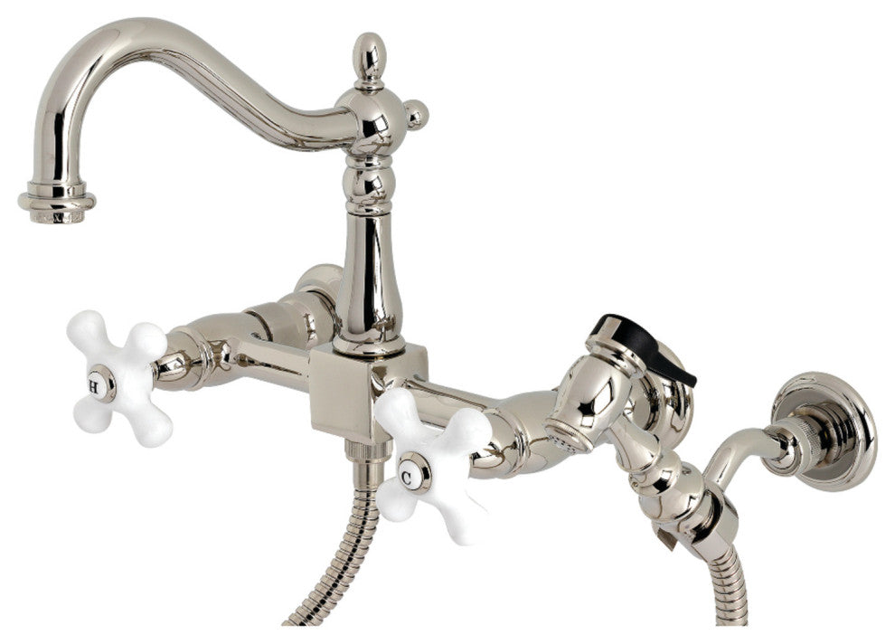 KS126XPXBS-P Heritage Wall Mount Bridge Kitchen Faucet with Brass Sprayer, Polis