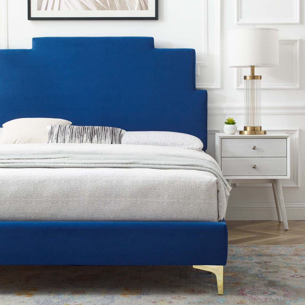 Platform Bed Frame, Full Size, Velvet, Blue Navy, Modern Contemporary, Bedroom