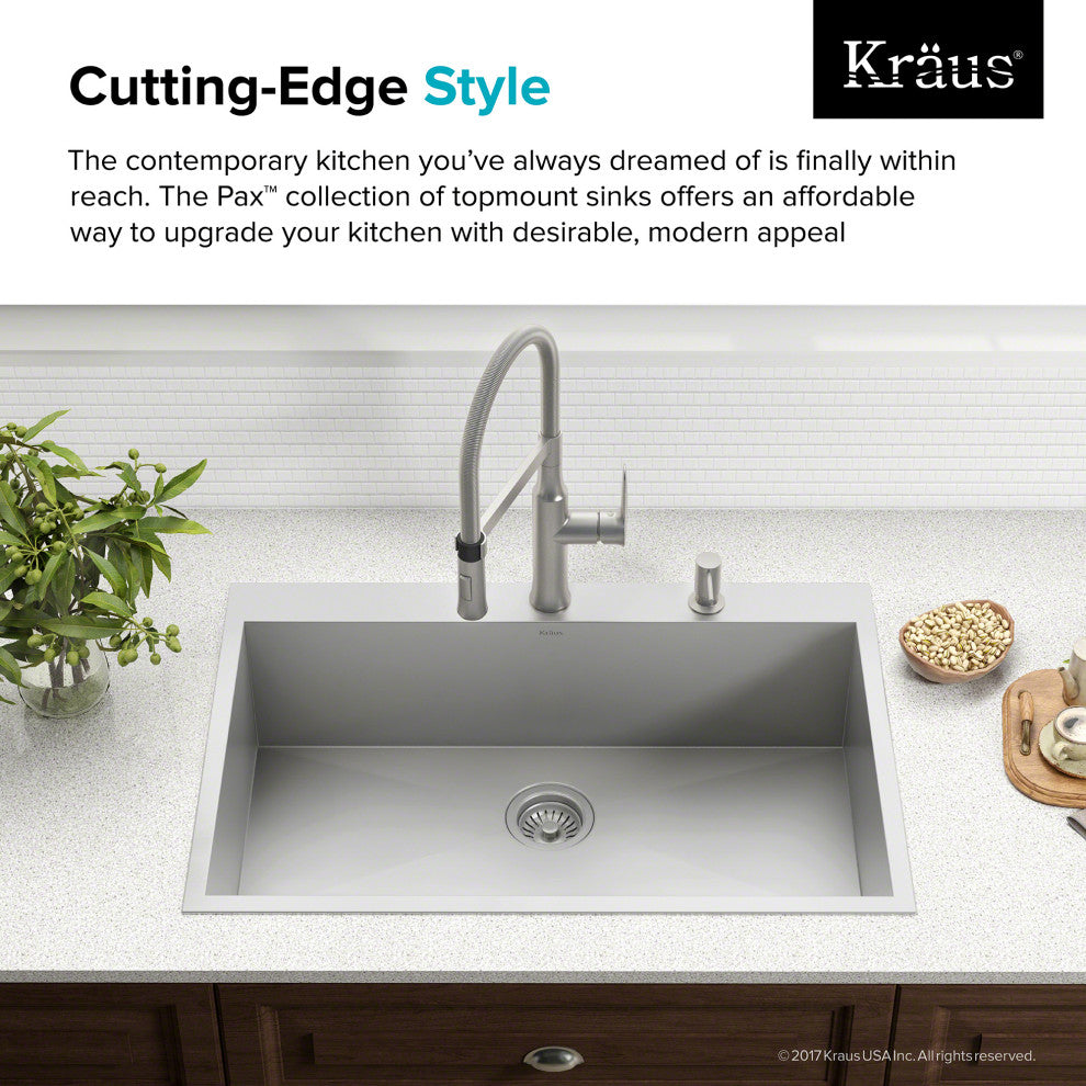 Kraus KP1TS33S-2 Pax™ 33"� Single Bowl Stainless Steel Drop-In Kitchen Sink