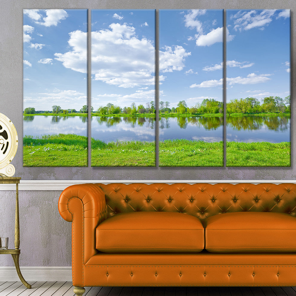 Sunny Spring by Narew River, Landscape Canvas Art Print, 48"x28", 4 Panels