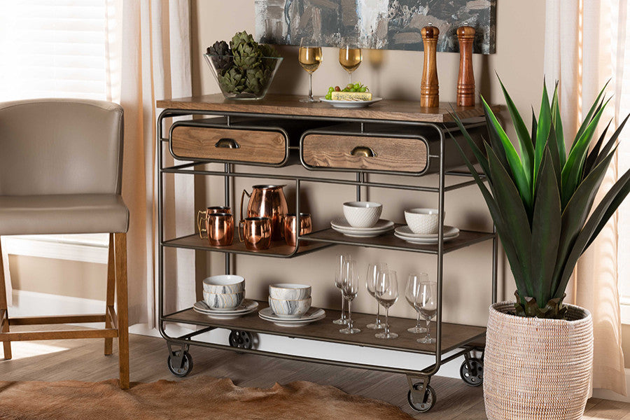 Bouck Rustic Industrial Oak Brown Wood and Black Metal 2-Drawer Kitchen Cart