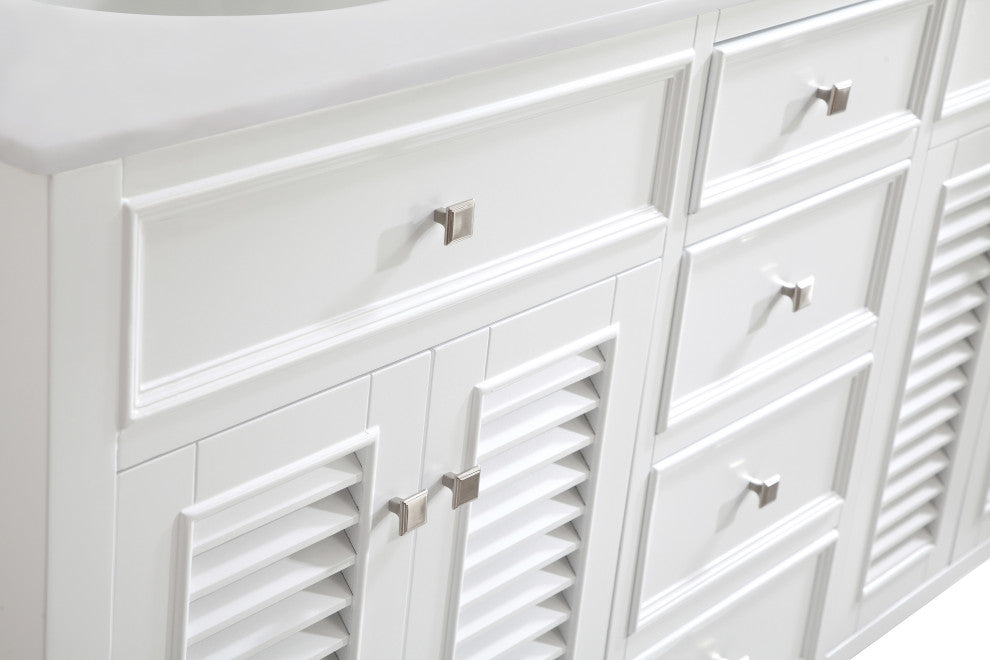 60" Double Bathroom Vanity, White With Ivory White Engineered Marble