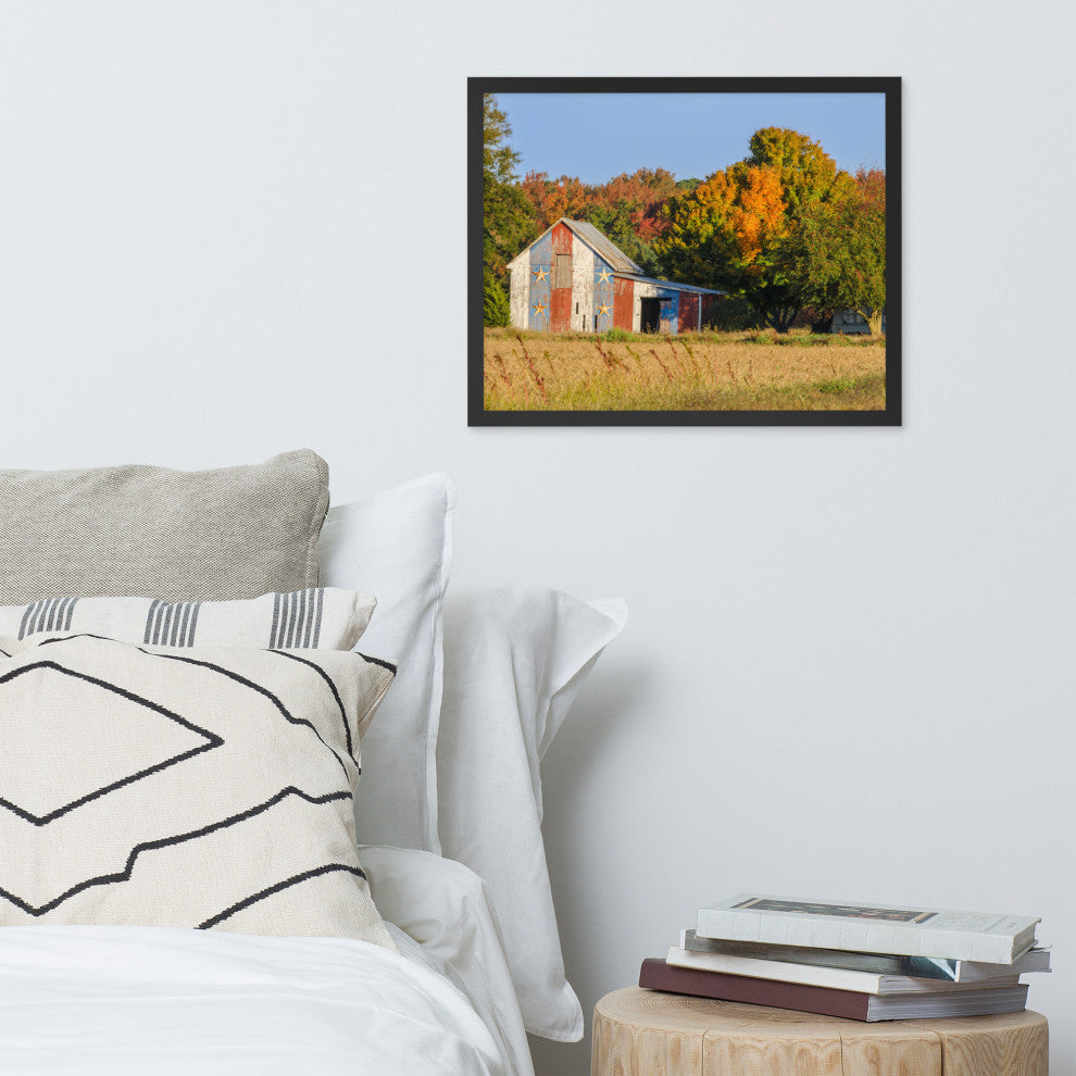 Patriotic Barn in Field Rural Landscape Framed Photo Paper Wall Art Prints, Black, 16" X 20"