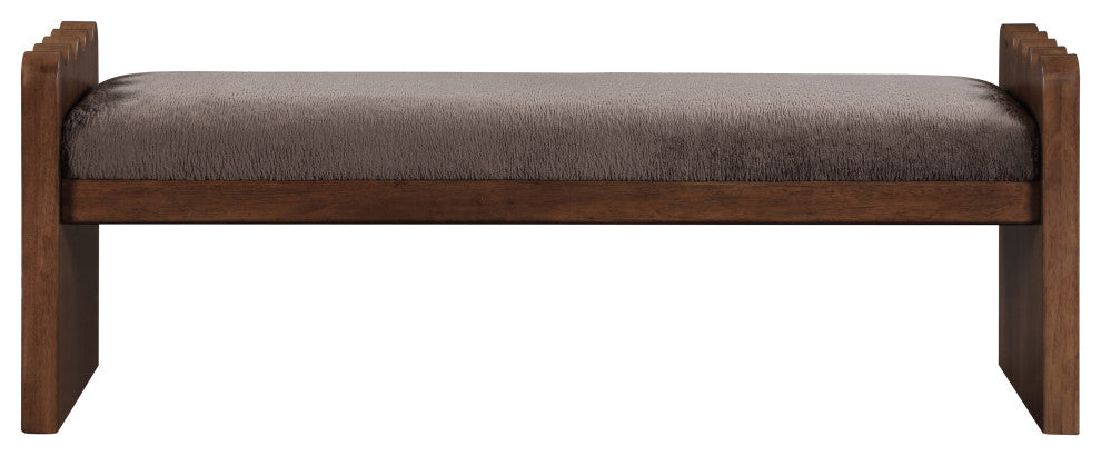 Sonia Upholstered Bench, Brown, Velour Fur Fabric, Brown Finish