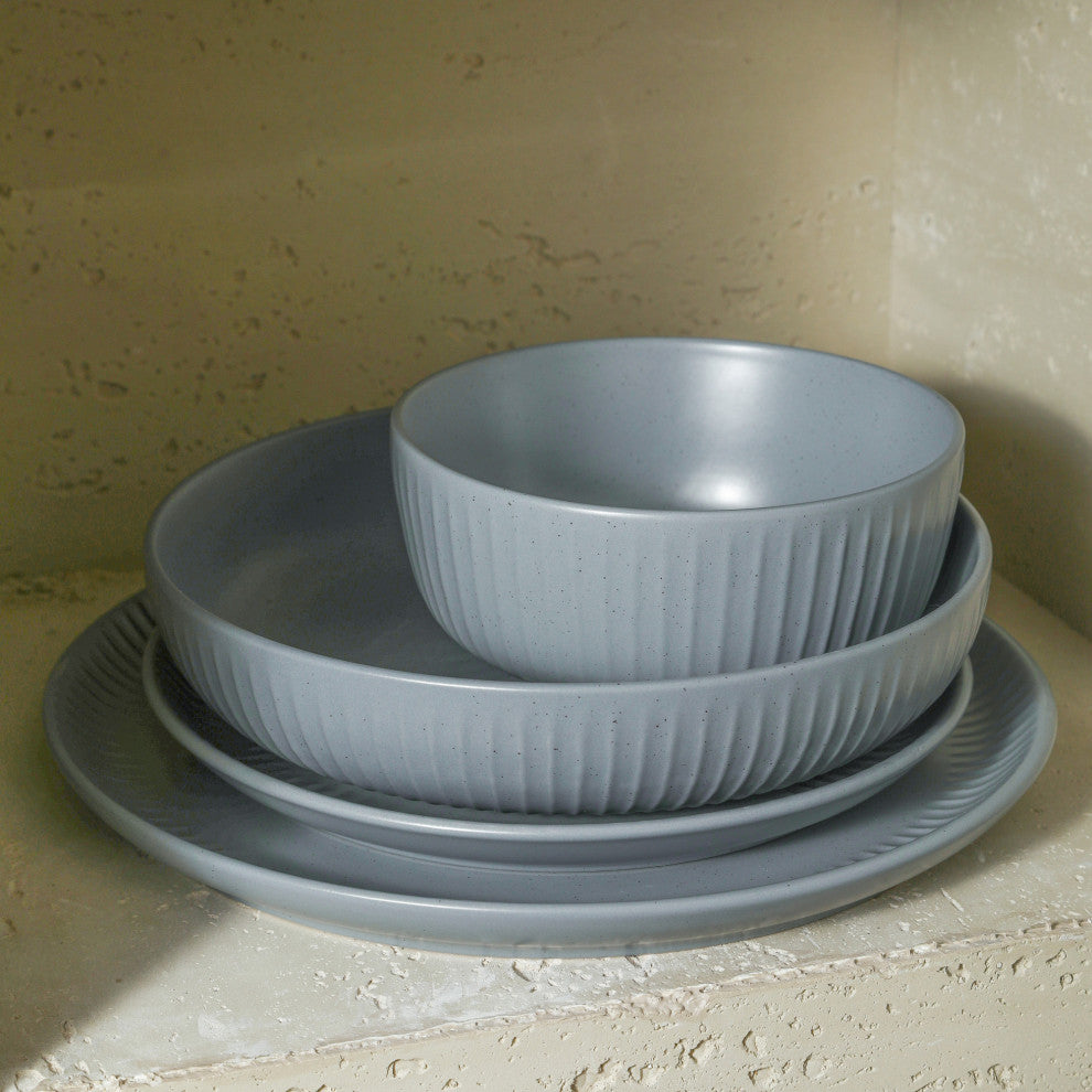 Stone Lain Logan Stoneware 16 Piece Dinnerware Set With Pasta Bowls, Grey