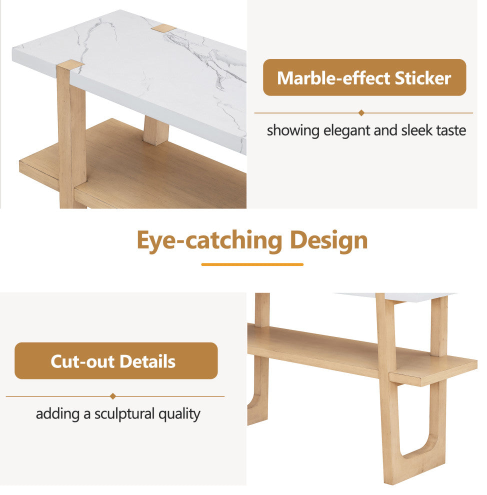 TATEUS Narrow Console Table with Marble-Effect Top for Entryway and Living Room, Natural