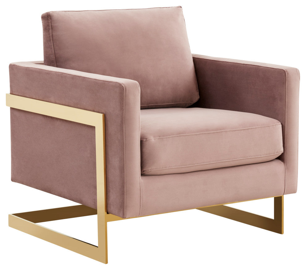 LeisureMod Lincoln Velvet Accent Armchair With Gold Frame, Pink