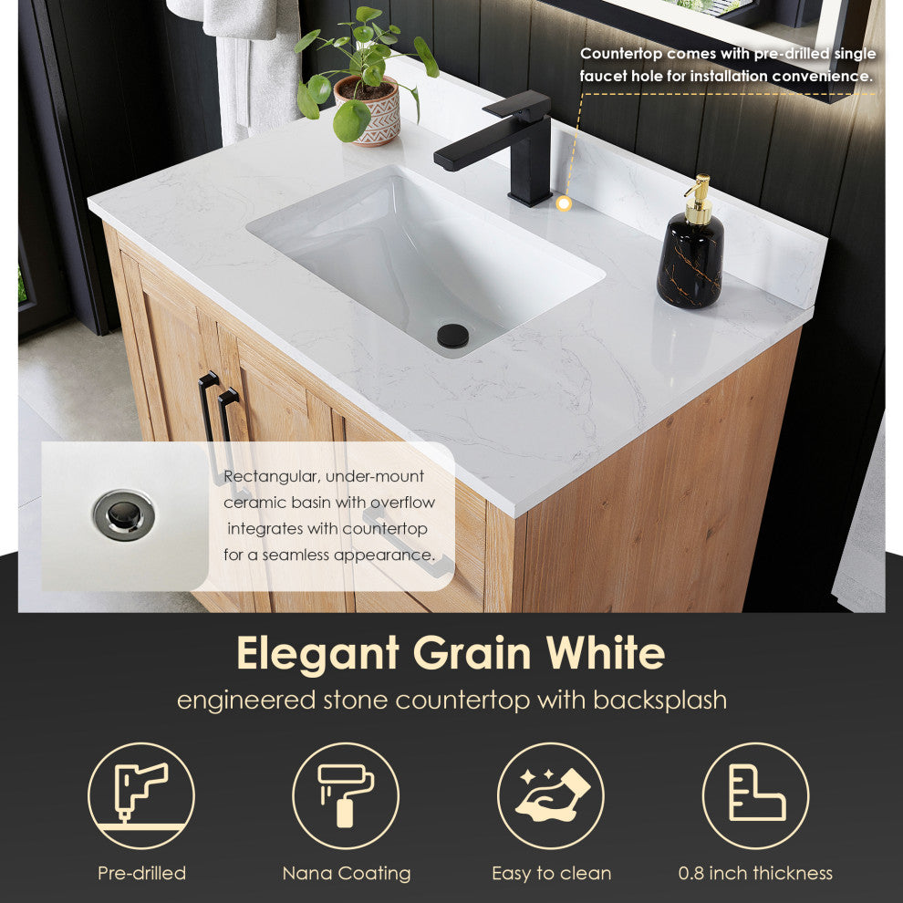 Cicero Vanity, Grain White Engineered Stone Countertop, Light Brown, 36", No Mirror