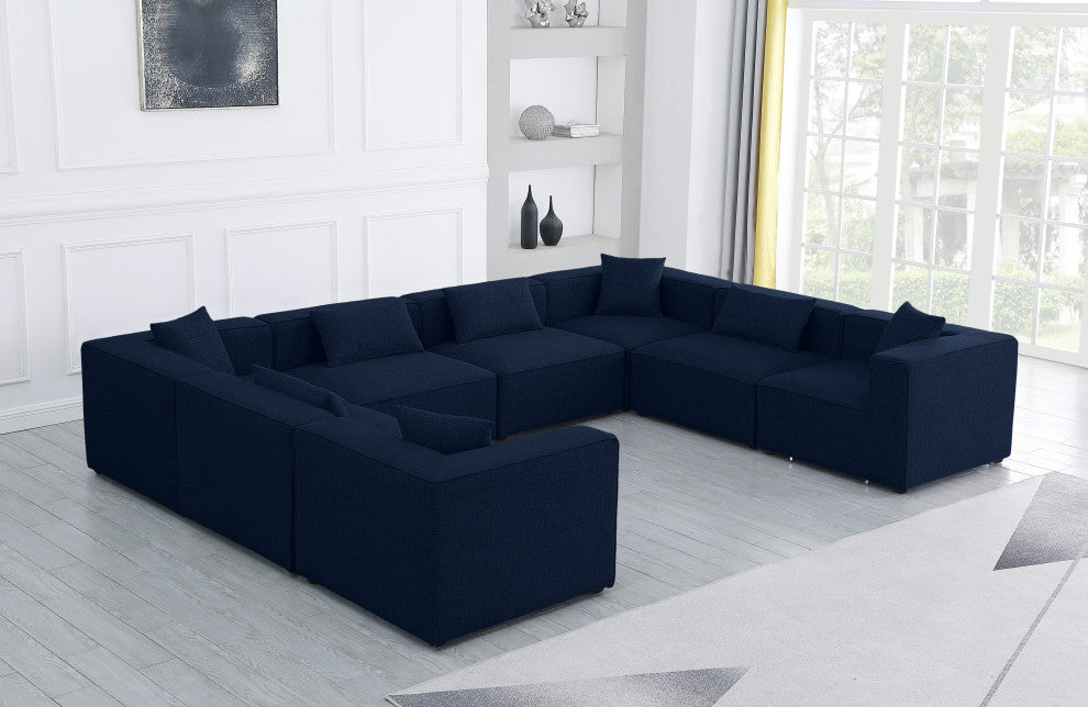 Cube Upholstered Modular Sectional, Navy, 8-Piece: 4 Armless Chair, 4 Corner Chair, Linen Texured Fabric