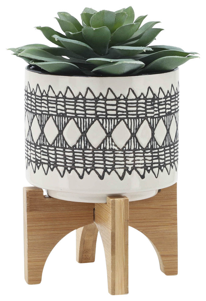 Cer 2-Piece Set Aztec Planter On Wooden Stand, Gray