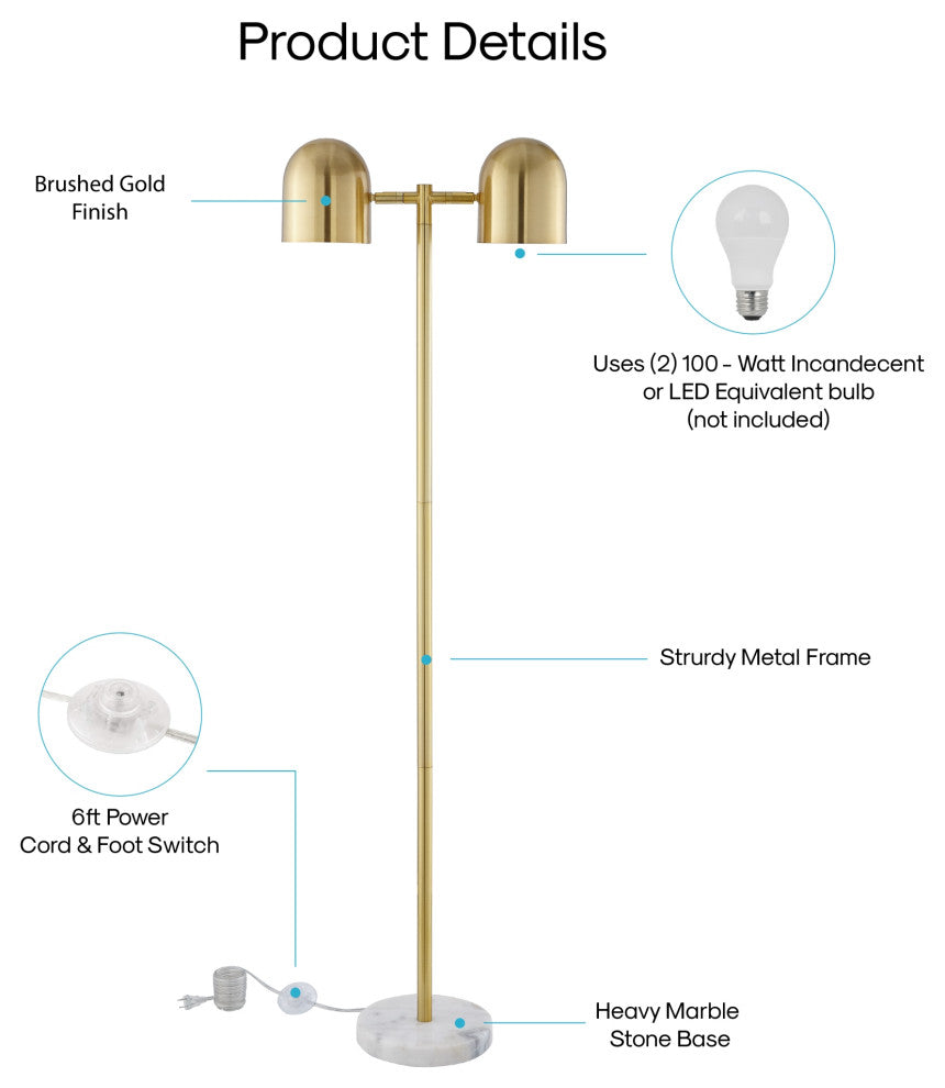 Inspired Home Kailah Floor Lamp, Foot Switch, 2 Lights, Brass