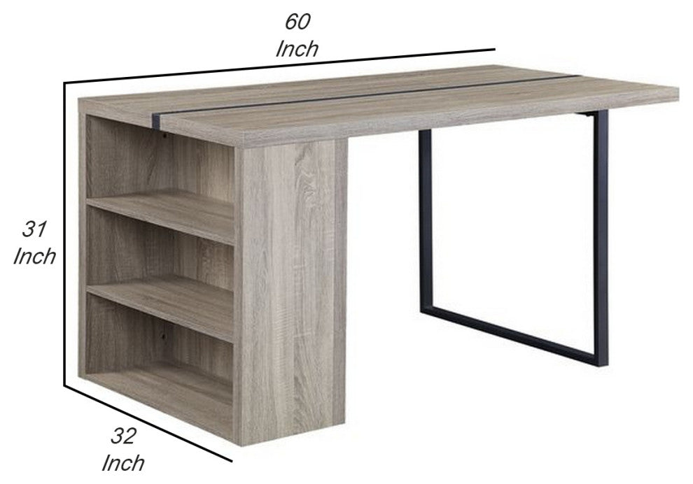 Benzara BM251154 Dining Table, 3 Side Open Compartments & Metal Trim Inlay, Gray
