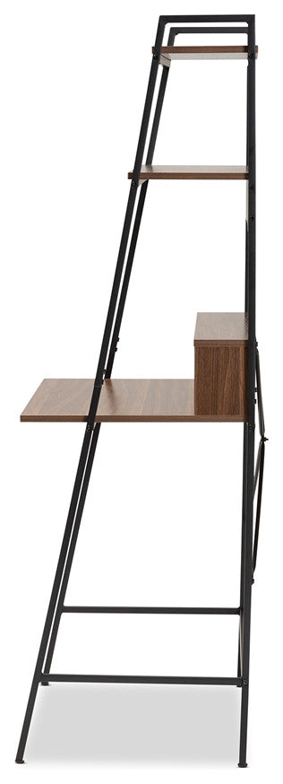 Modern Industrial Walnut Brown Finished Wood Black Metal Desk With Shelves