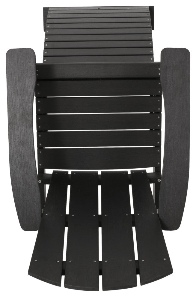 Ulises Outdoor Faux Wood Adirondack Chair With Retractable Ottoman, Black