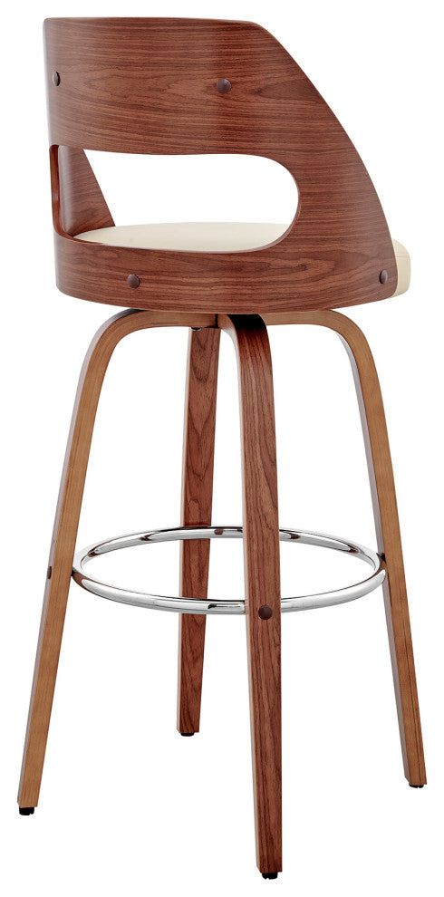 Julius Faux Leather and Wood Bar Stool, Cream and Walnut, 26"