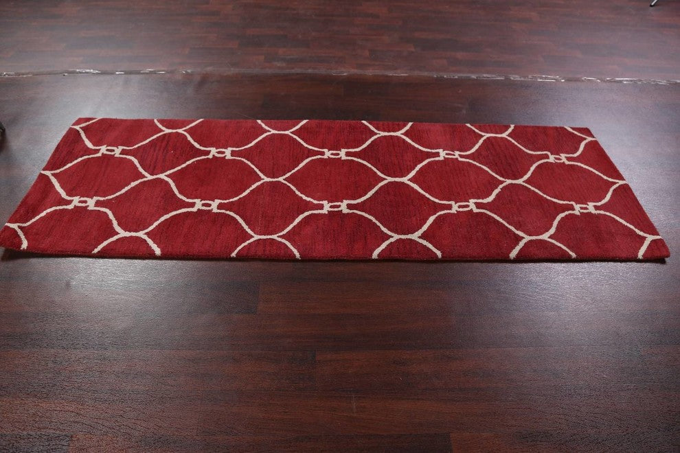 Hand-Tufted Agra Indian Oushak Oriental Wool Area Rug, Trellis, Runner 8'