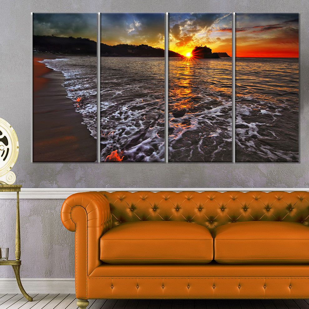 Setting Sun and White Waves, Seashore Photo Canvas Art Print, 48"x28", 4 Panels