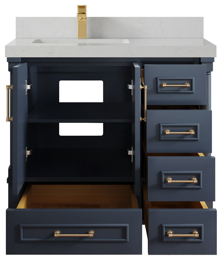 Aberdeen 36 Left Offset Bath Vanity in Hale Navy Blue  2" Carrara Quartz