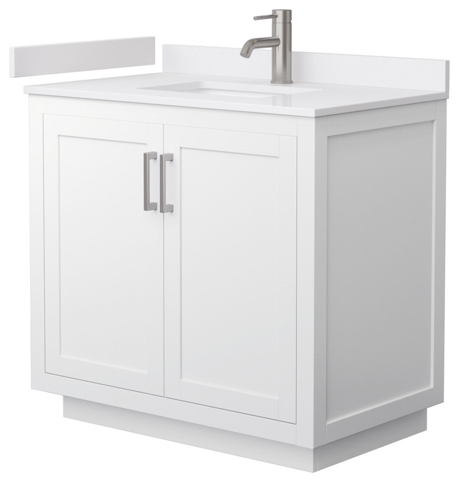 36" Single Bath Vanity White, White Cult. Marble Countertop, Sink, Nickel Trim