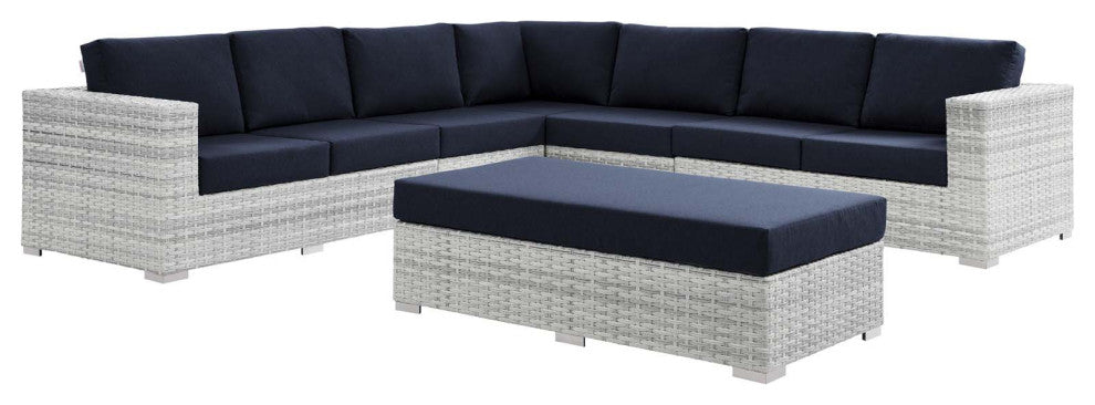 Lounge Sectional Sofa Chair Set, Rattan, Wicker, Gray Blue Navy, Outdoor