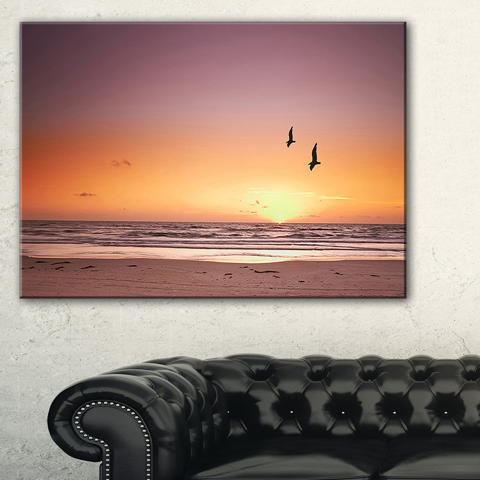 "Beach Sunset And Sea Gulls" Modern Seashore Canvas Art, 32"x16"