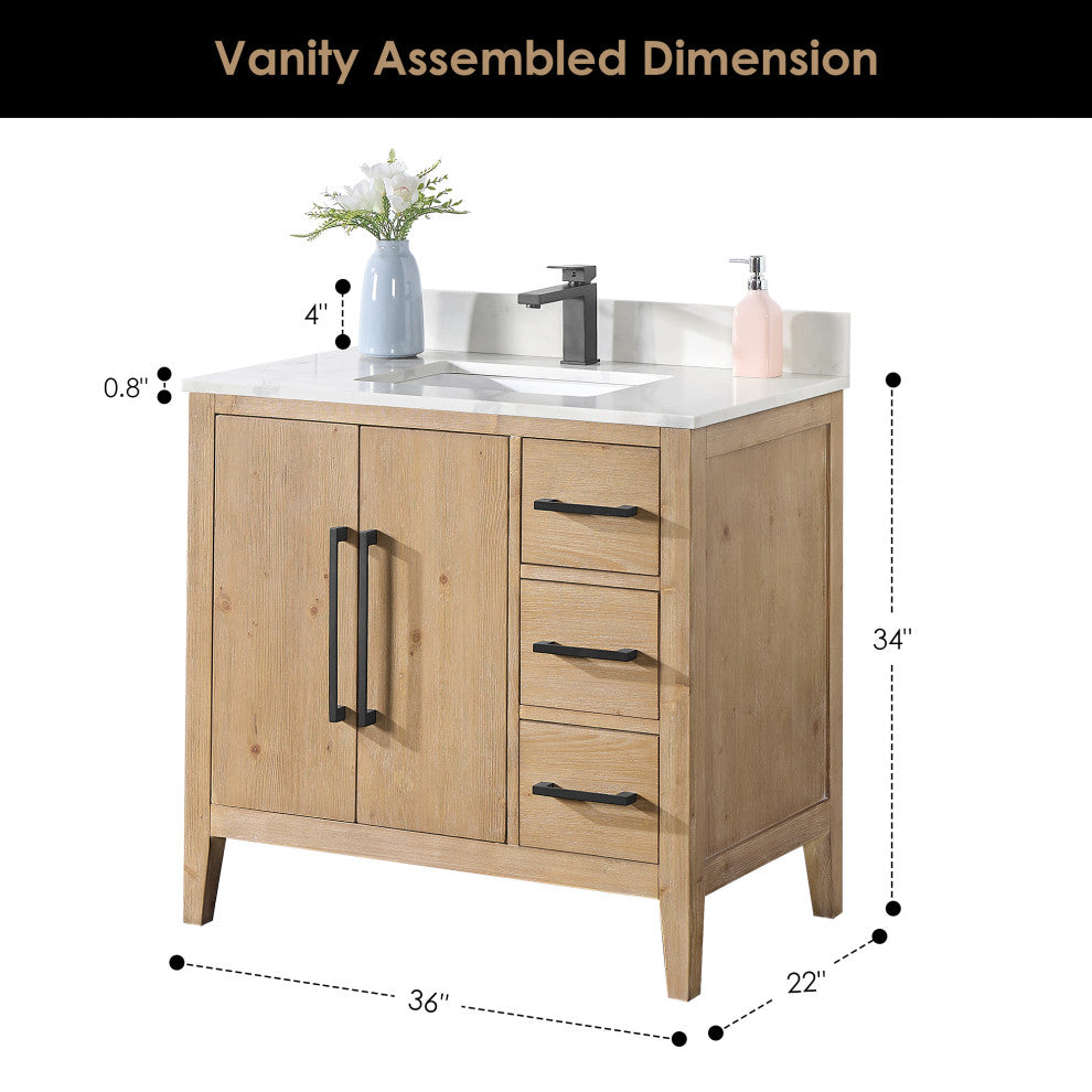 Laurel Bathroom Vanity with Calacatta White Quartz Stone Countertop, Weathered Fir, 36", With Mirror