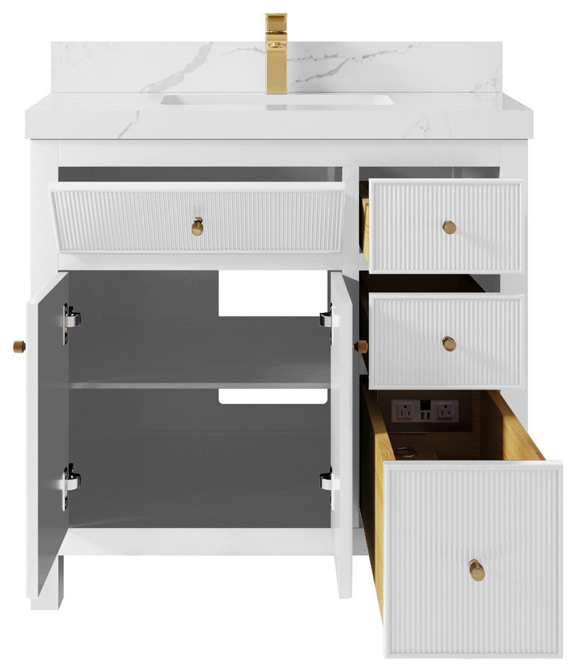Sonoma 36 Center Sink Reeded Bath Vanity in White 2" Calacatta Laza