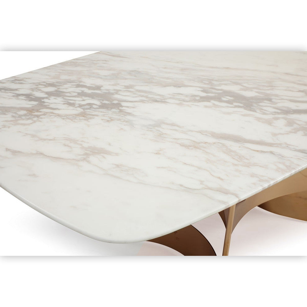 87" White Marble Dining Table, Hollywood Regency Glam Luxe Copper Rosegold Table