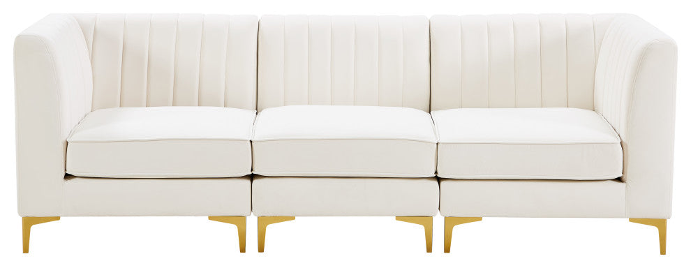 Alina Velvet Upholstered 3-Piece Modular Sofa, Cream