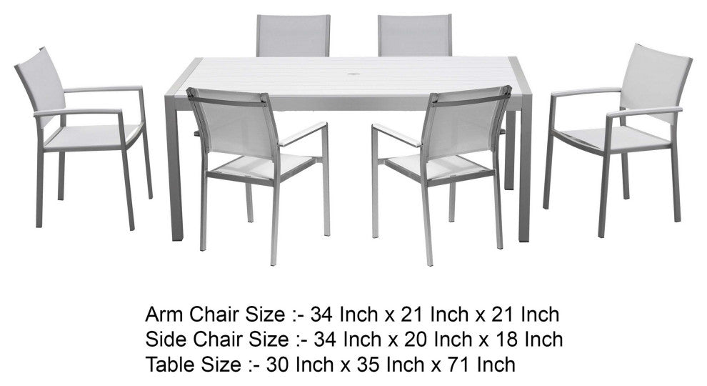 Benzara Fifi 7 Piece Dining Table Set, White Metal Frames, Smooth Fabric