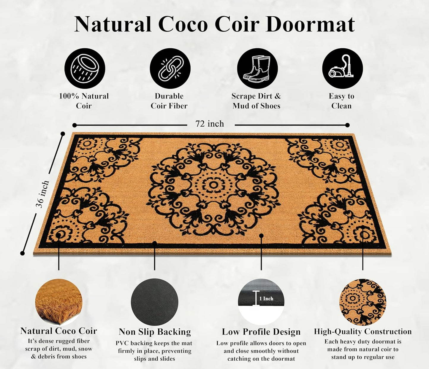 A1HC Natural Coir Flock Door Mat for Front Door, 36x72, Durable Entrance Doormat
