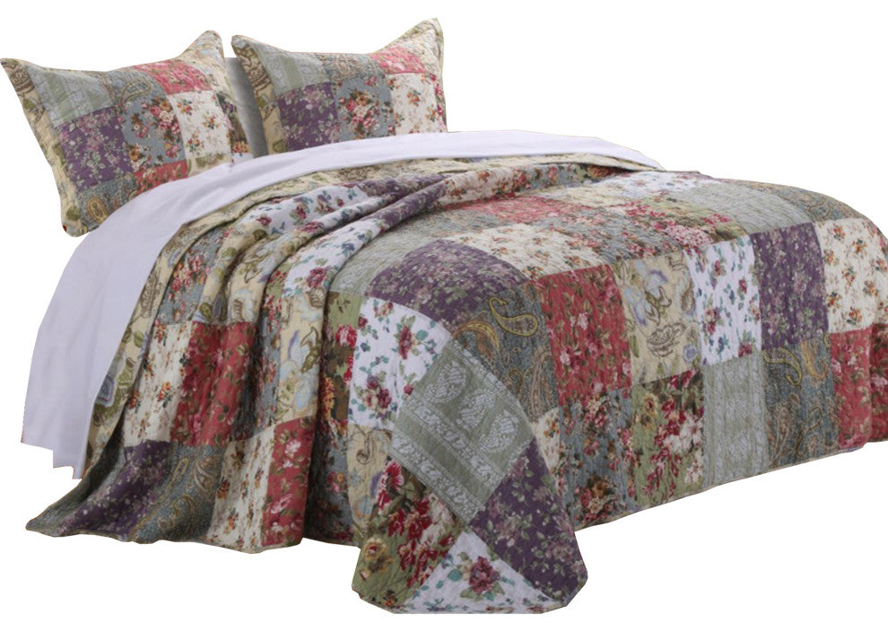 Chicago 3 Piece Fabric Queen Bedspread Set with Jacobean Prints, Multicolor