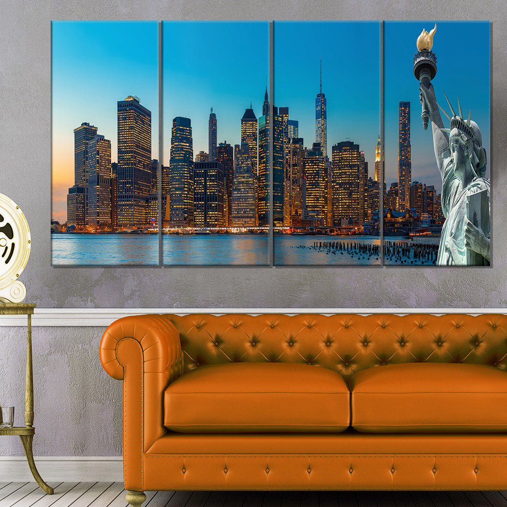 Evening New York City Skyline Panorama, Canvas Print, 48"x28", 4 Panels