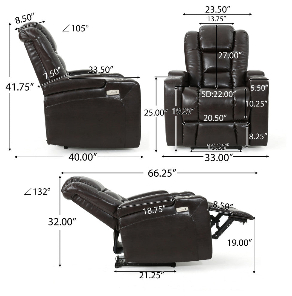 GDF Studio Everette  Brown Leather Power Recliner With Arm Storage and USB Cord