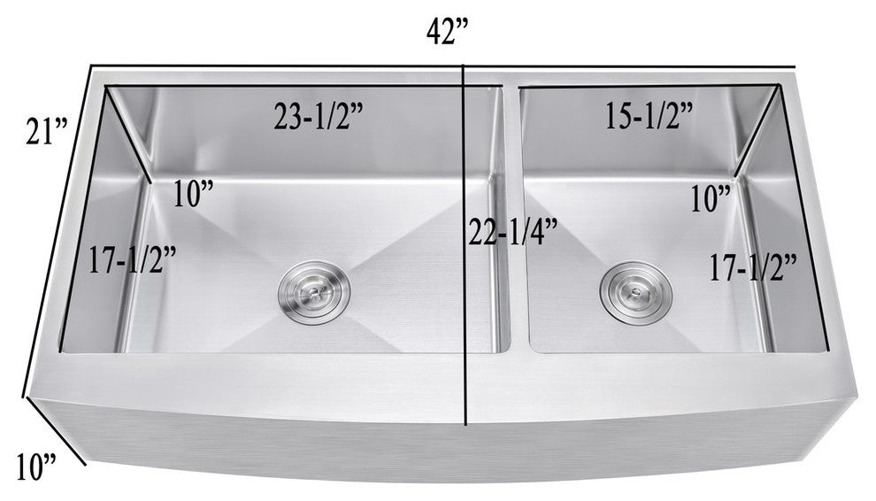 42" Curved Front Offset Double Bowl Stainless Steel Farmhouse Sink