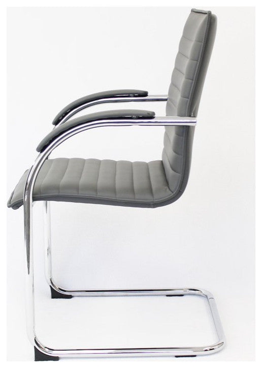 Modern Office Side Chair, Cantilever Chrome Base & Channel PU Leather Seat, Gray