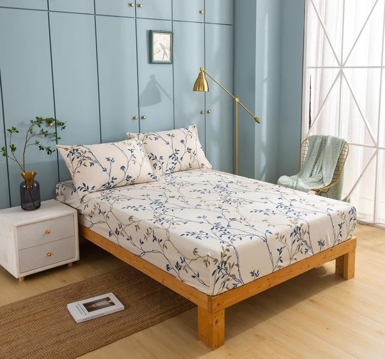 Blue Leaf Vine Cream Poplin Cotton Fitted Sheet
