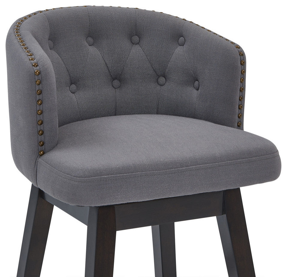 30" Gray Tufted Fabric and Dark Espresso Wood Swivel Bar Stool