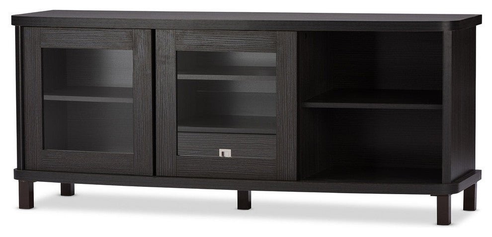 Walda 60" Dark Brown Wood TV Cabinet With 2 Sliding Doors and 1 Drawer