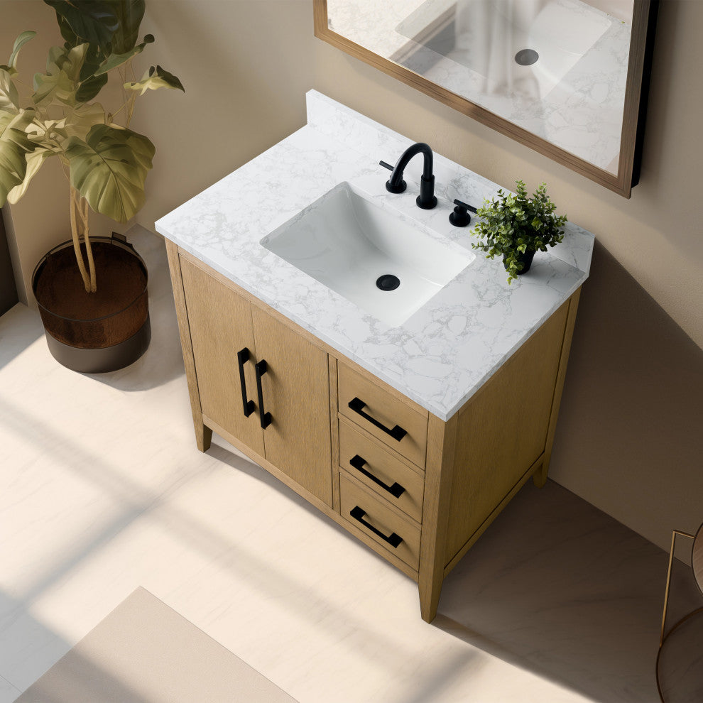 Vanity Art Bathroom Vanity With Sink, Natural Oak, 36", Single Sink, Matte Black