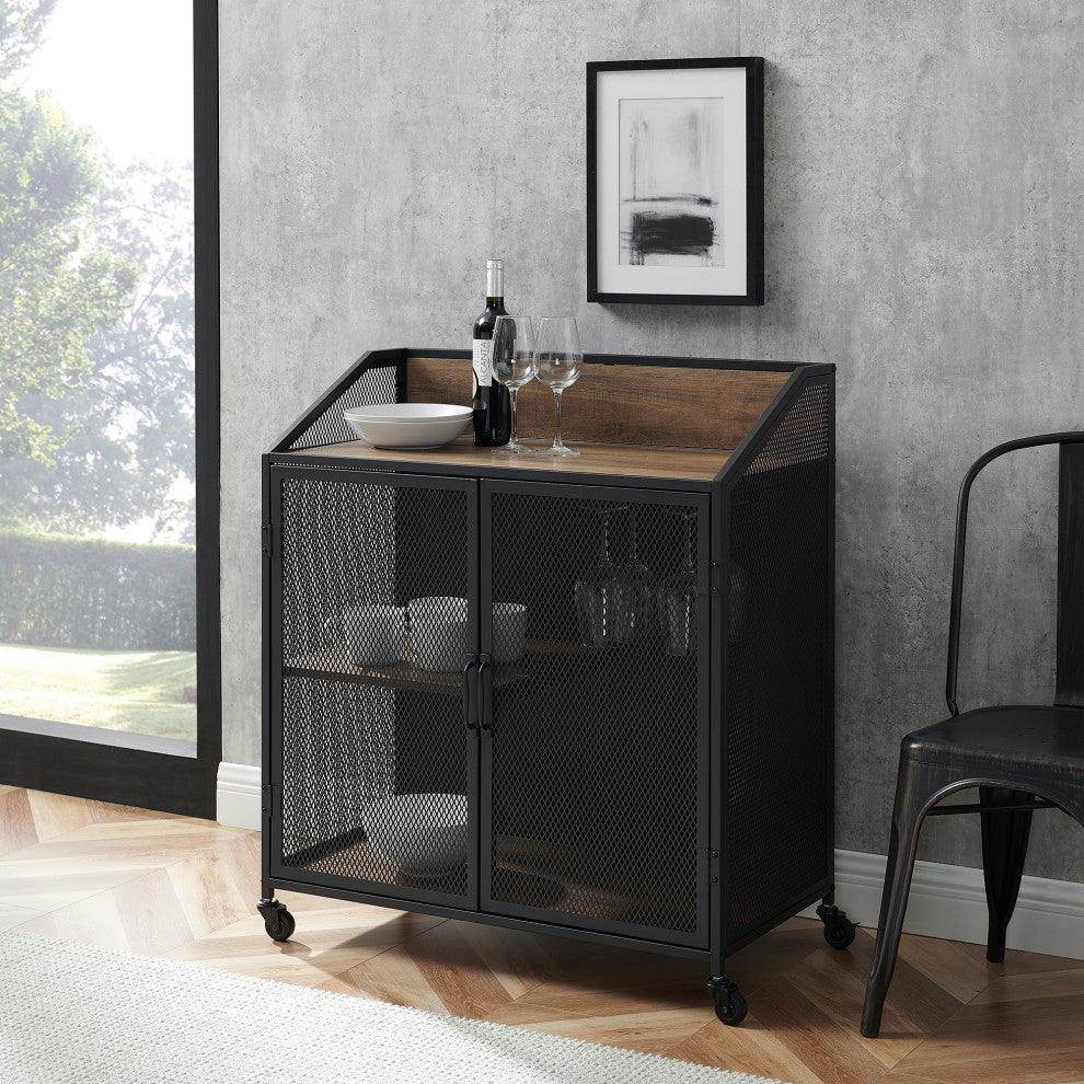33" Urban Industrial Bar Cabinet Rolling Cart With Mesh Doors, Rustic Oak