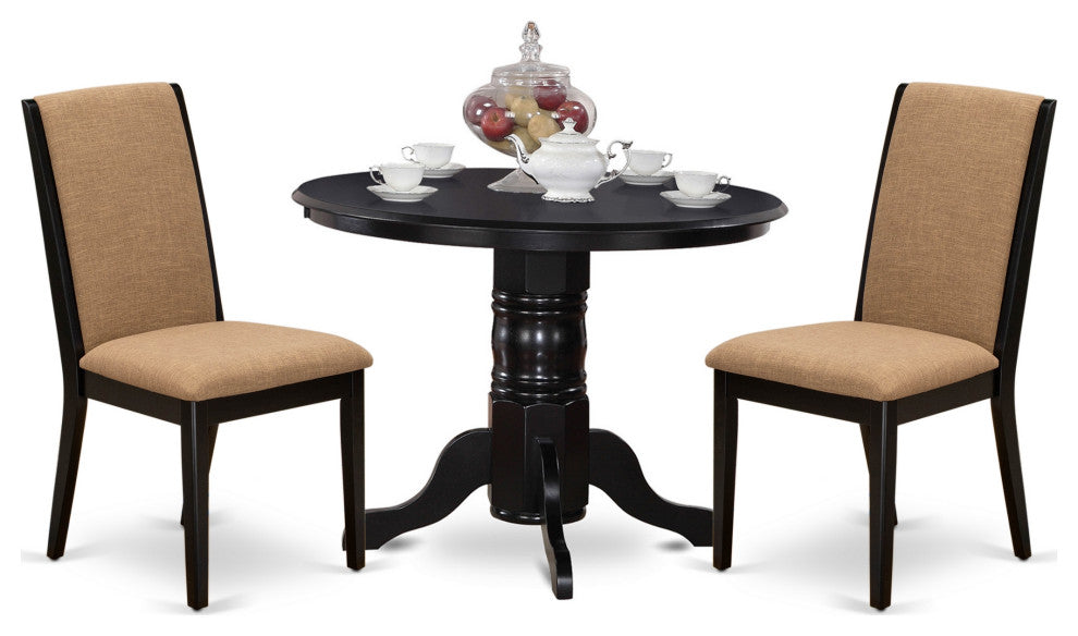 3Pc Dining Set, Round Dining Table, 2 Kitchen Chairs, Light Sable Seat, Black