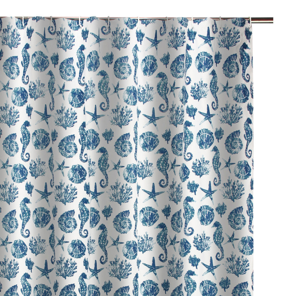 Benzara BM293486 Shower Curtain, Blue Seashells Print, Button Holes, Microfiber
