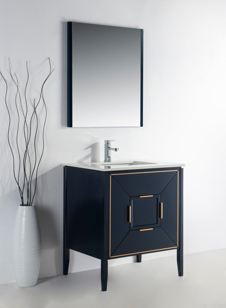 Vetro 30" Vanity With Quartz Counter Top, Gloss White, Navy Blue