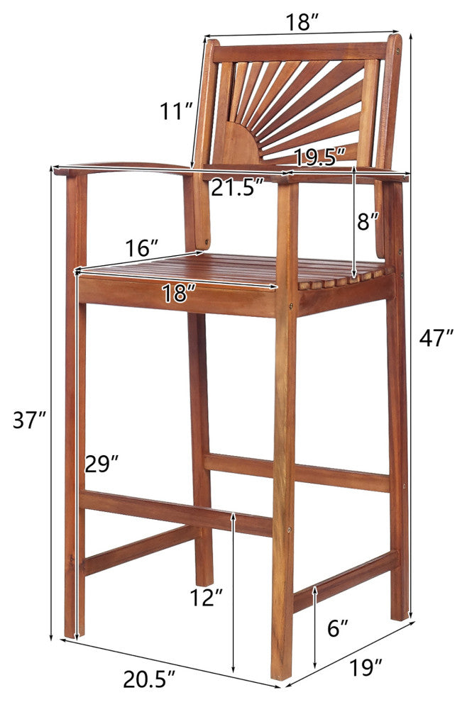 Costway Set of 2 Bar Stools 29inch Acacia Wood Pub Chairs Outdoor w/ Armrests