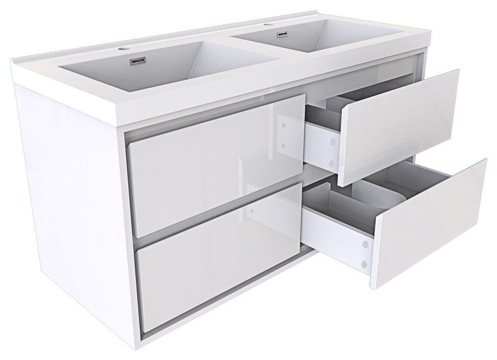 MOM 48" Wall Mounted Vanity With 4 Drawers and Acrylic Double Sink, Glossy White