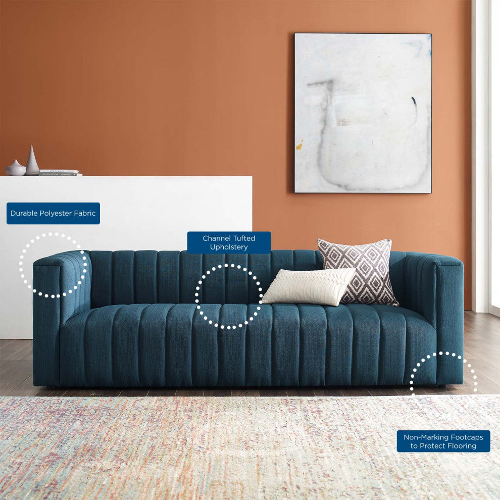 Tufted Sofa, Fabric, Navy Blue, Modern, Living Lounge Hotel Lobby Hospitality