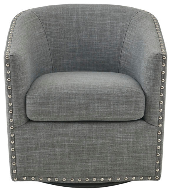 Madison Park Tyler Upholstered Swivel Barrel Chair with Nailheads, Grey